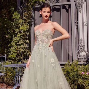 NEW FORMAL STRAPLESS FLORAL LACE EMBELLISHED MAXI A-LINE TULLE GOWN CD A1418